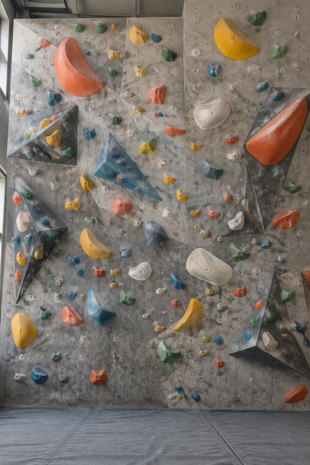 Indoor bouldering wall with low footholds, large volumes and high finishing holds